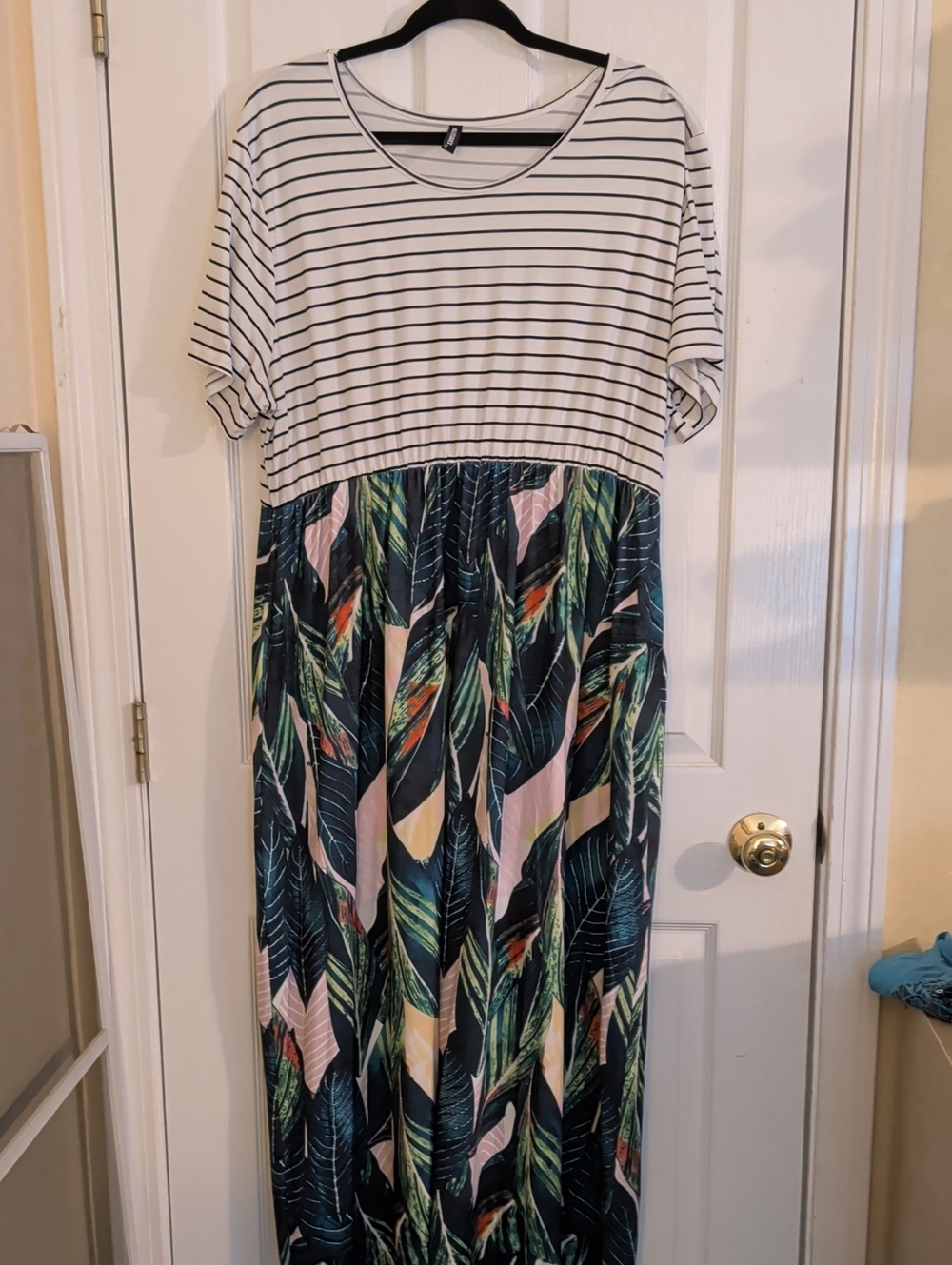Striped Top Tropical Print Maxi Dress - White/Navy